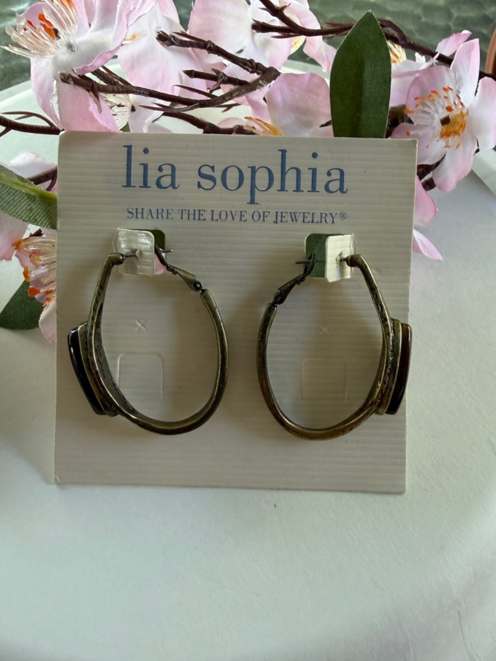 🐼 Lia Sophia Antique Gold Hoop Earrings with Brown Accents